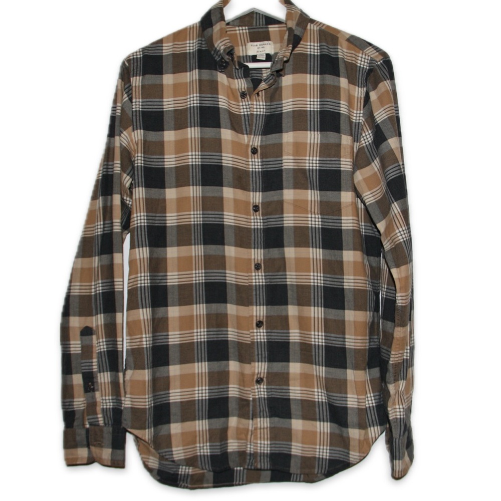Club Monaco Men's Black and Tan Plaid Shirt Size XS